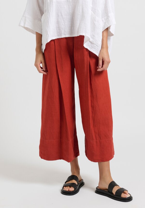 Gilda Midani Solid Dyed Silk/ Linen Pleats Pants in Fire Brick Red