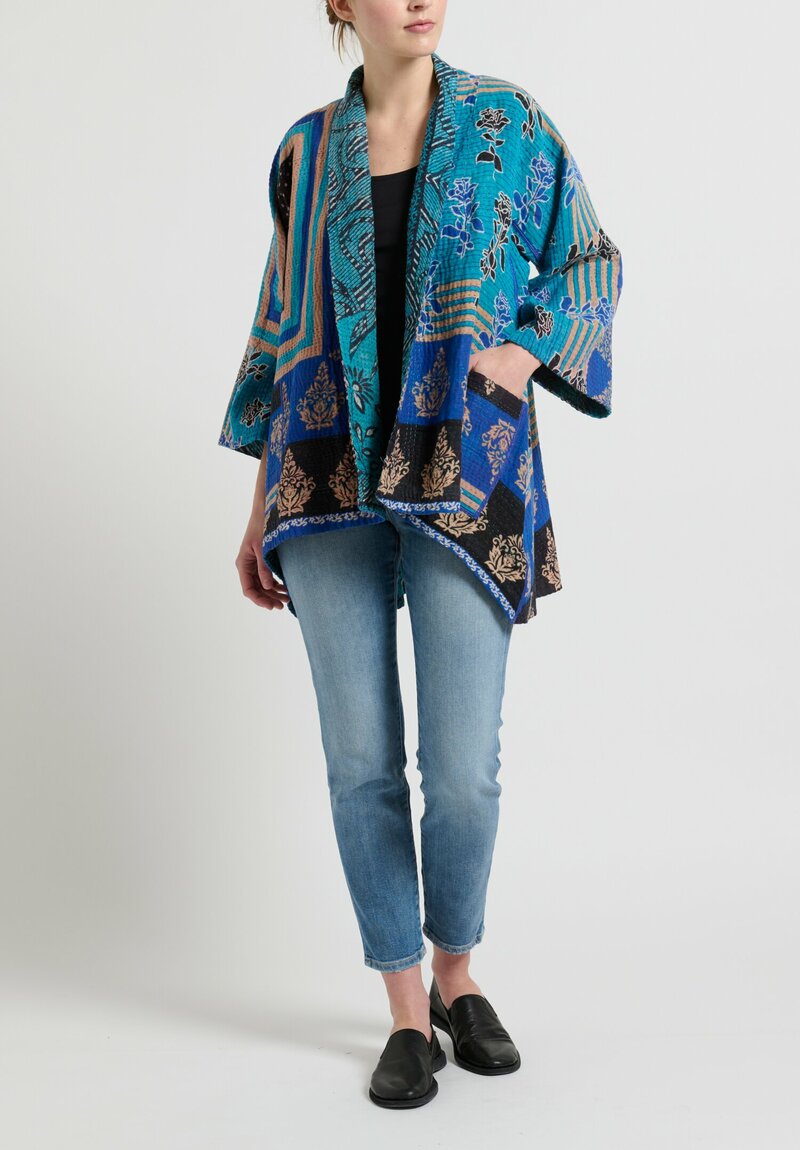 Mieko Mintz Vintage Cotton A-Line Jacket in Aqua Blue Roses	