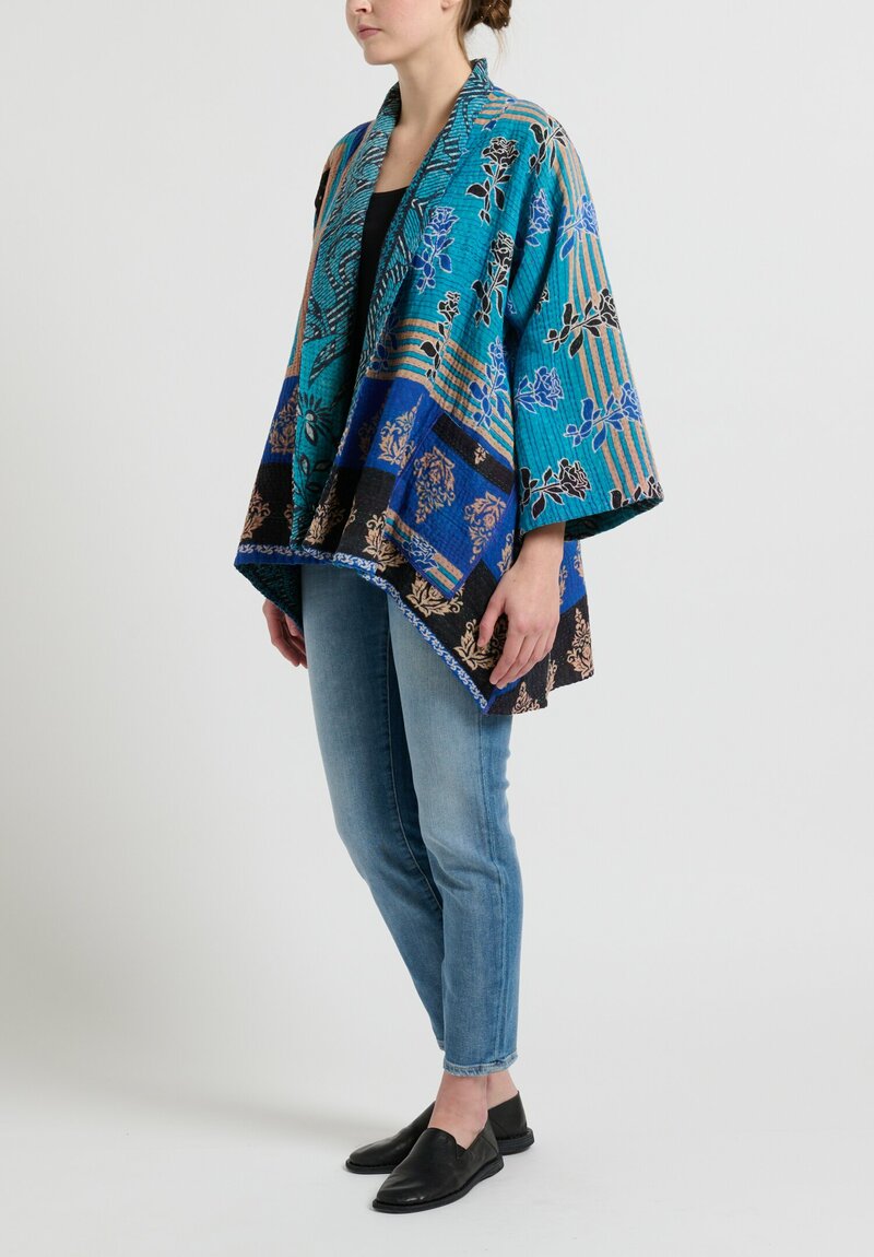 Mieko Mintz Vintage Cotton A-Line Jacket in Aqua Blue Roses	