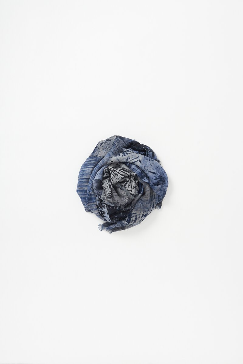Alonpi Cashmere/Silk Lotus Printed Scarf in Navy/Grey	