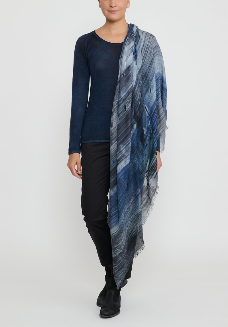 Alonpi Cashmere/Silk Lotus Printed Scarf in Navy/Grey	