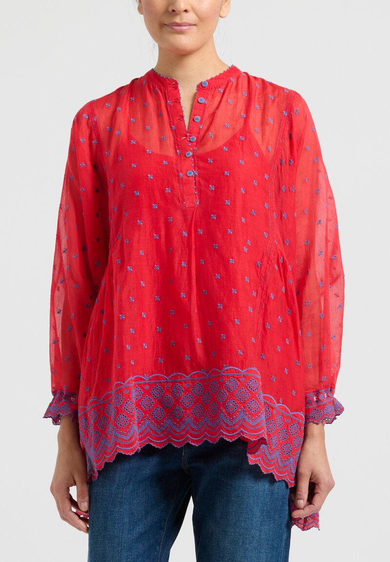 Pero Cotton Silk Embroidered Top in Blue and Red