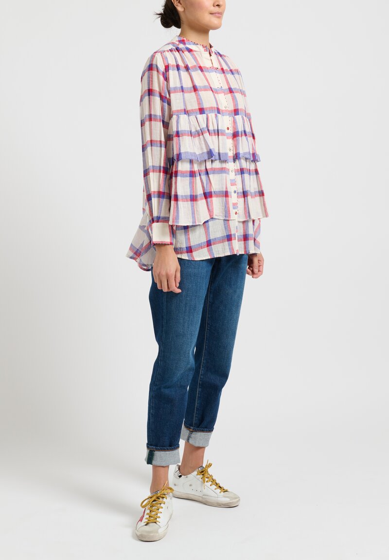 Péro Ruffled Plaid Shirt in Red and Blue	