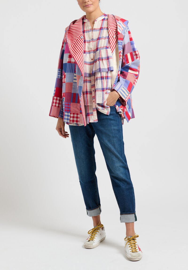 Péro Ruffled Plaid Shirt in Red and Blue	