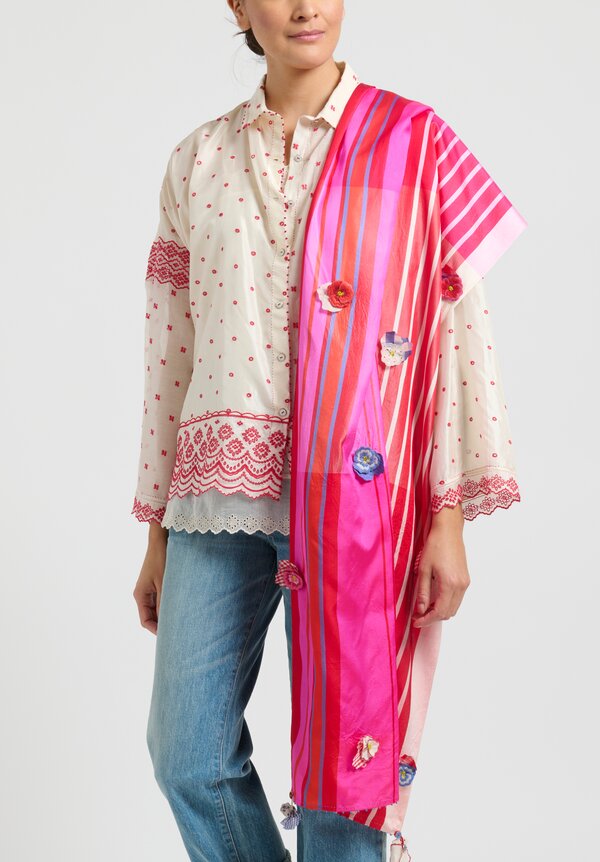 Pero Embellished Silk ''Gamcha'' Striped Scarf in Pink	