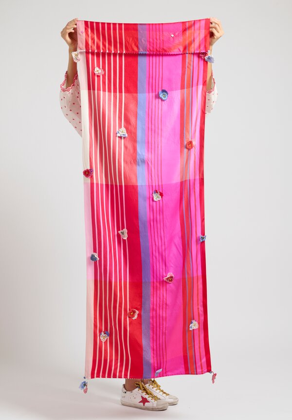 Pero Embellished Silk ''Gamcha'' Striped Scarf in Pink	