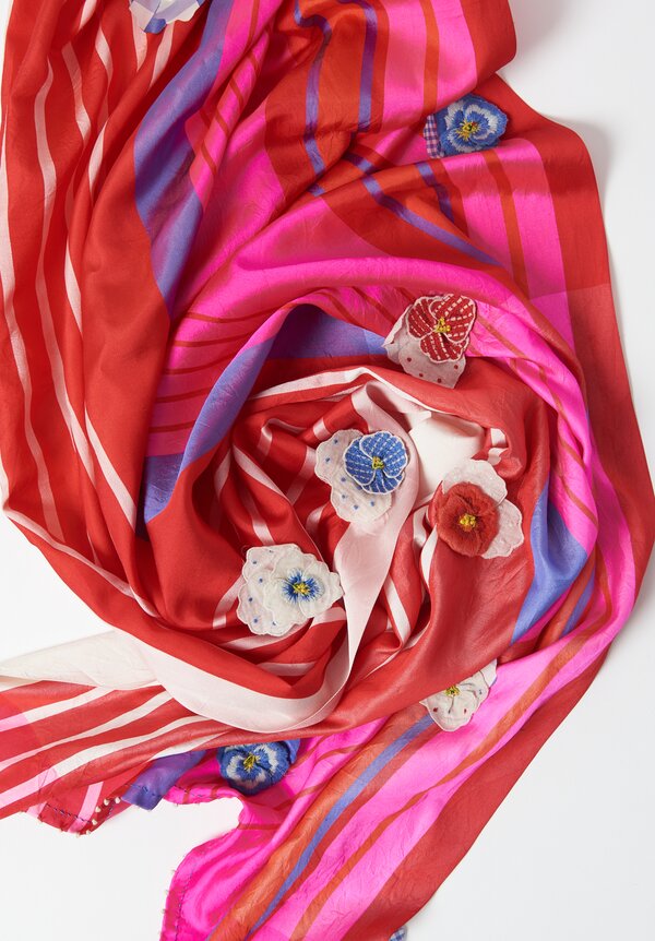 Pero Embellished Silk ''Gamcha'' Striped Scarf in Pink	