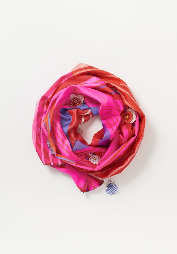 Pero Embellished Silk ''Gamcha'' Striped Scarf in Pink	