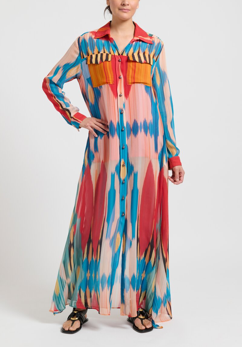 Etro Ankle Length Printed Ikat Shirt Dress in Silk Crepon	