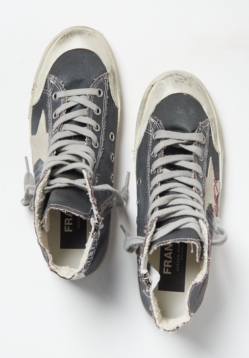Golden Goose Francy Penstar Canvas Signature Hi-Top in Charcoal Grey, Ice White, and Red Script	
