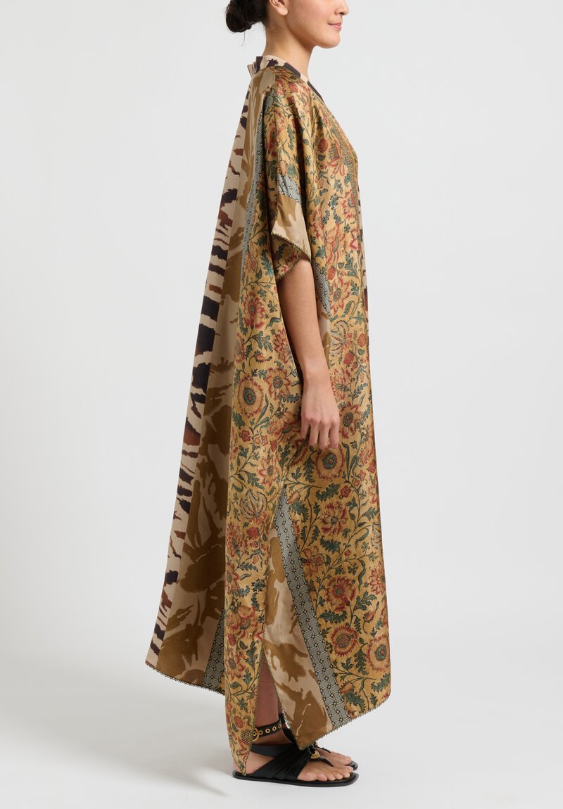 Pierre Louis Mascia Silk ''Aloe'' Kaftan Dress in Gold Floral and Tiger Stripe	