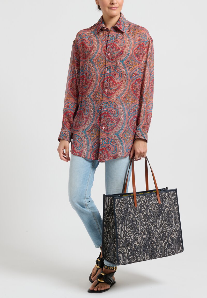 Etro Jacquard Shopping Bag in Navy Blue Paisley	