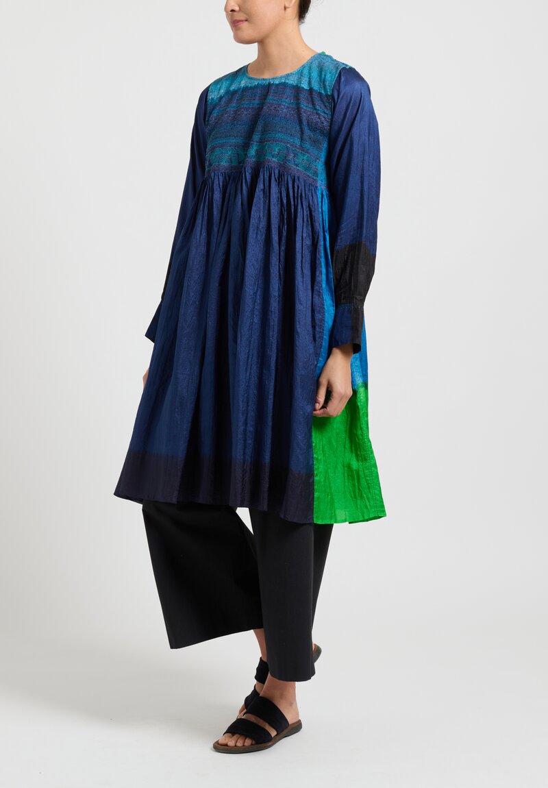 Injiri Shekhawati Gathered and Embroidered Silk Dress in Indigo Blue ...