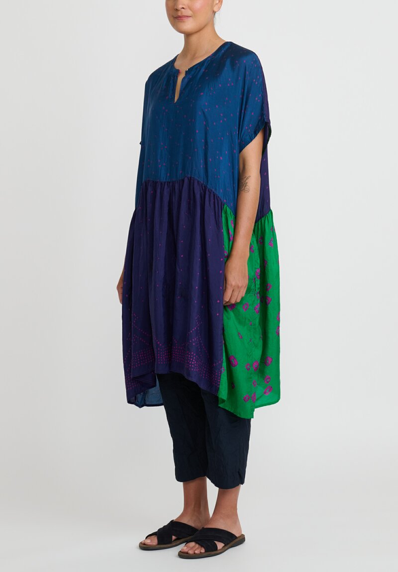 Injiri Silk Oversized Shekhwati Dress in Indigo Blue, Green and Pink