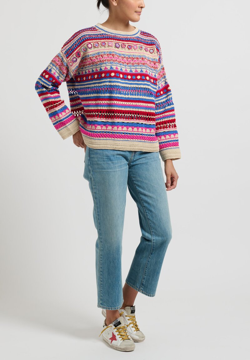 Péro Crocheted Striped Sweater in Red, Cream and Blue	
