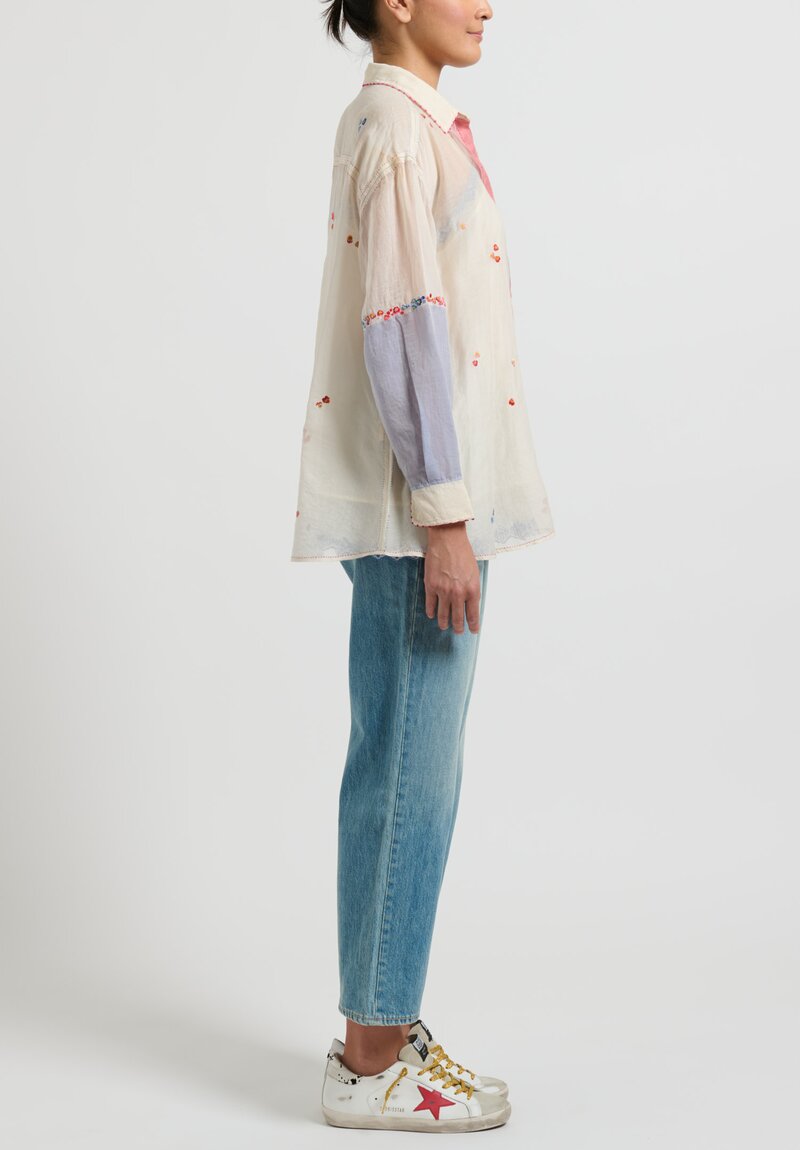 Péro Long Sleeve Embroidered Shirt in White, Pink and Blue	