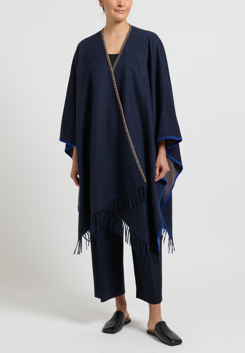 Alonpi Cashmere "Tommi" Whipstitch Cape in Navy/Brown	
