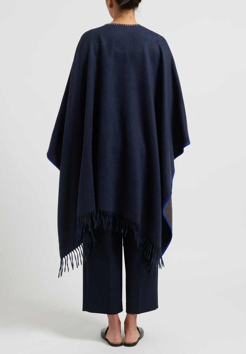 Alonpi Cashmere "Tommi" Whipstitch Cape in Navy/Brown	