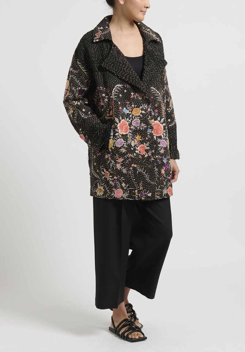 By Walid Antique Hand Embroidered ''Stacey'' Coat in Black & Peach	