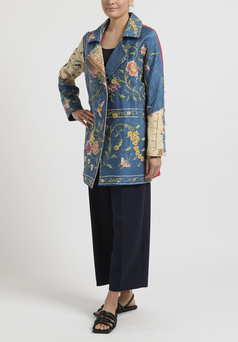 By Walid Antique Hand Embroidered Chinese Silk ''Stacey'' Coat in Blue & Red	