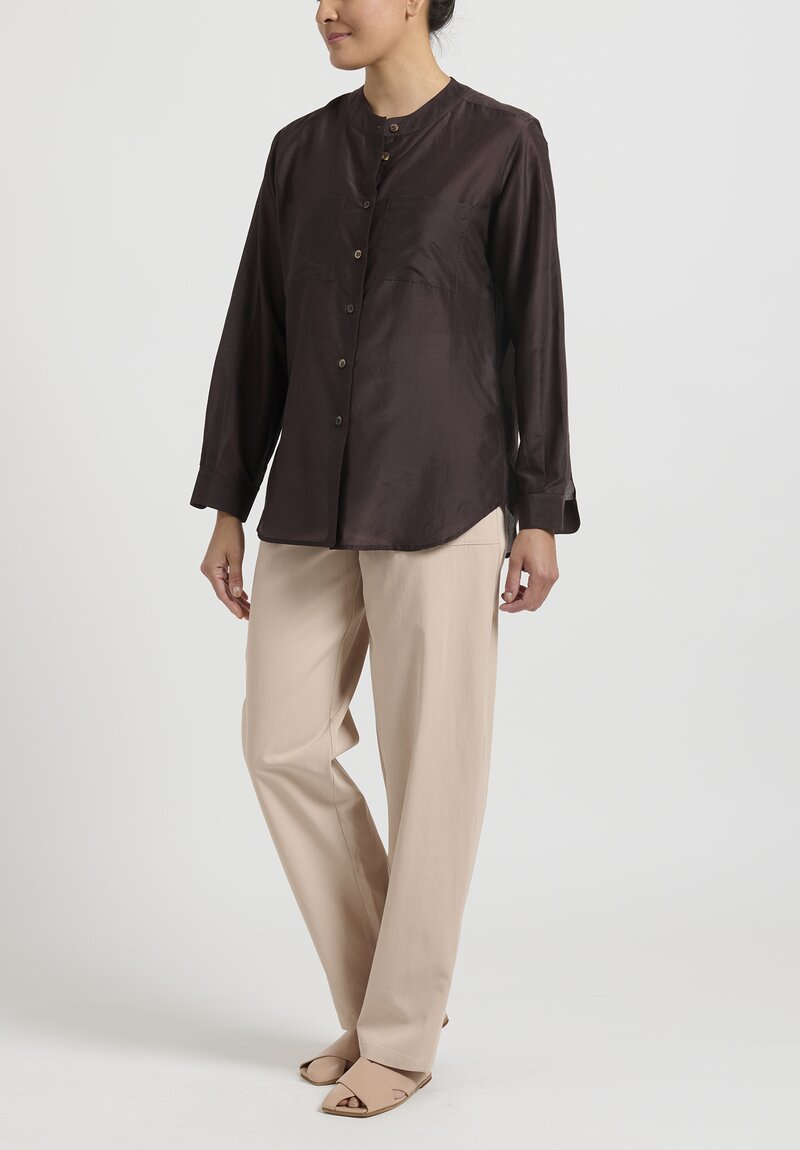 Sara Lanzi Cotton & Silk Voile Pocket Shirt in Chocolate Brown	