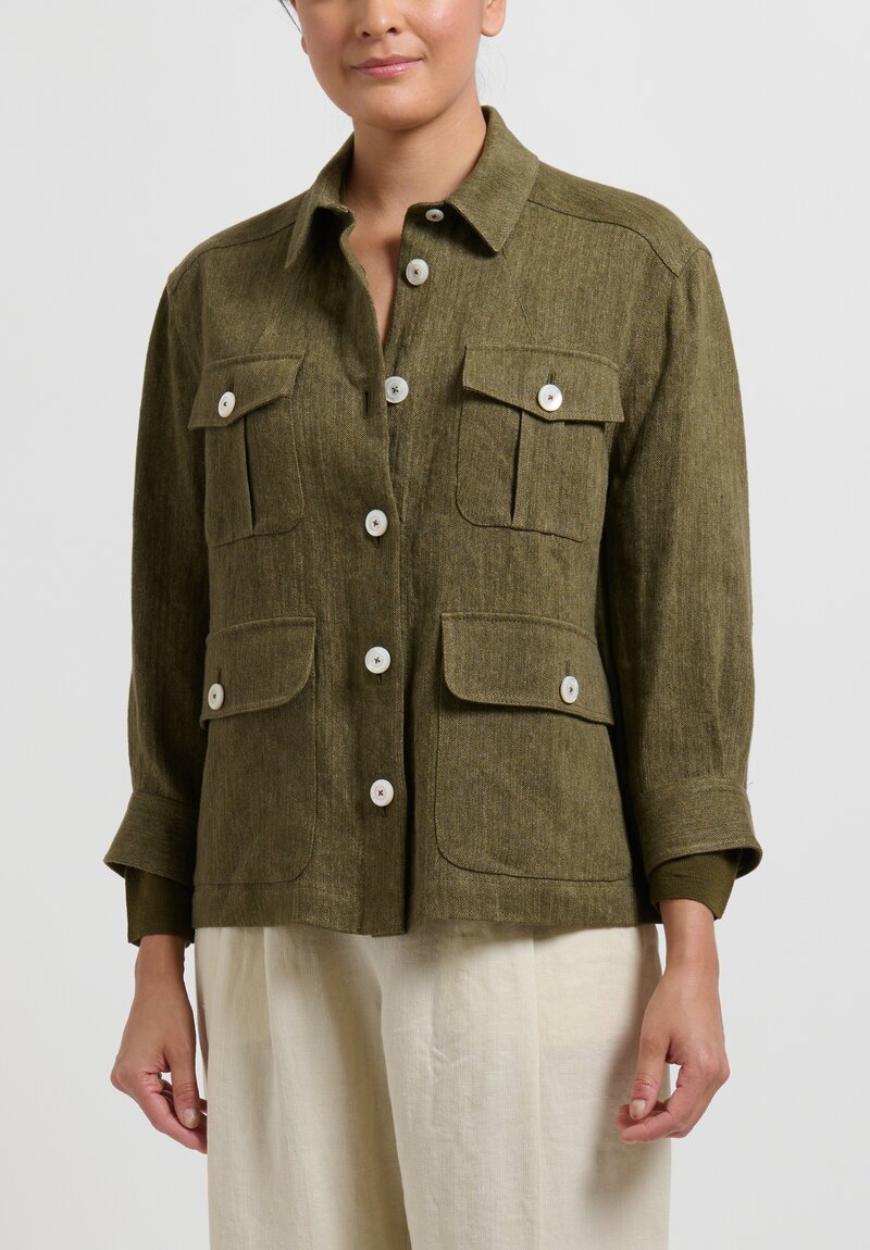 Zanini Linen 4 Pocket Jacket in Military Green	