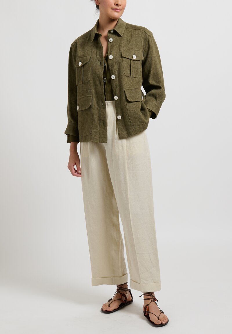 Zanini Linen 4 Pocket Jacket in Military Green	