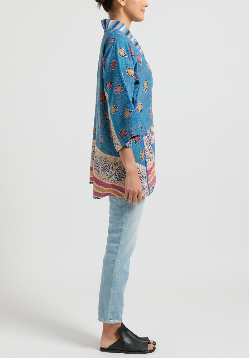Mieko Mintz 2-Layer Vintage Cotton Kimono Jacket in Light Blue, Mango & Pink Stripes	