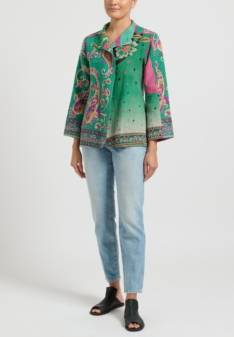 Mieko Mintz 4-Layer Vintage Cotton Short Jacket in Green/Purple Floral	