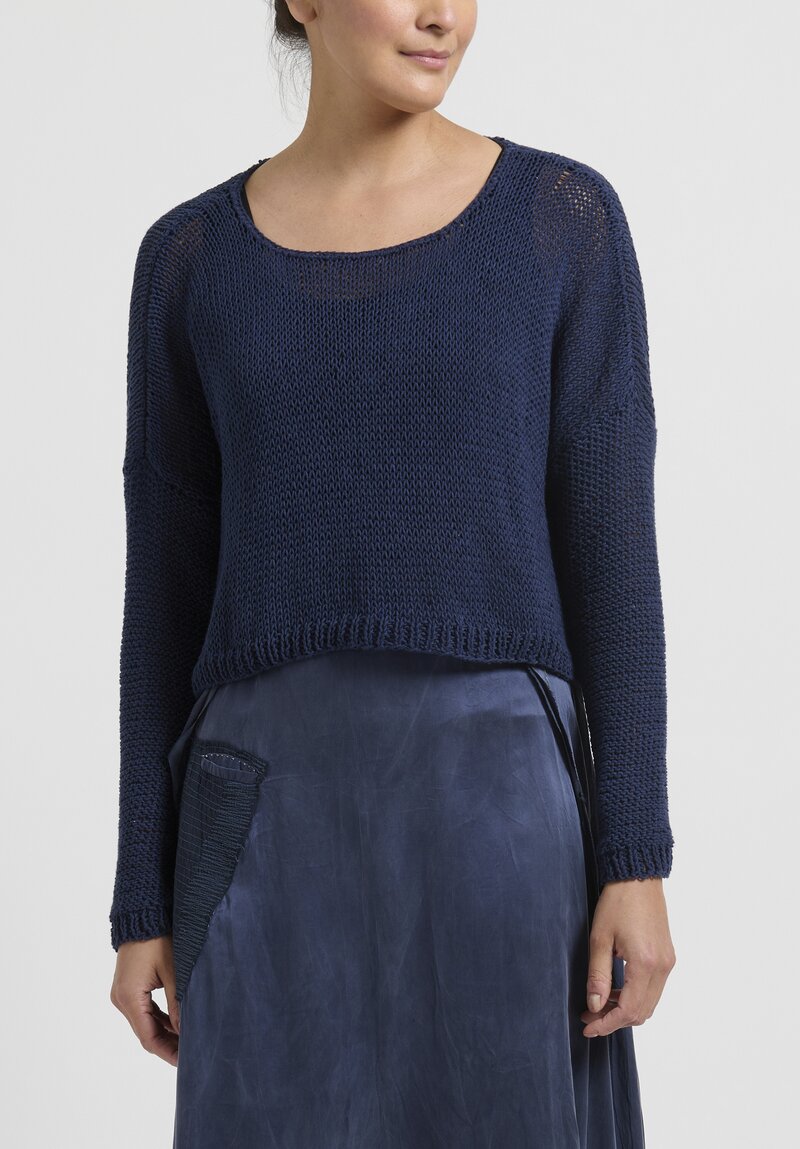 Umit Unal Hand Knit Cropped Cotton Sweater in Navy Blue	