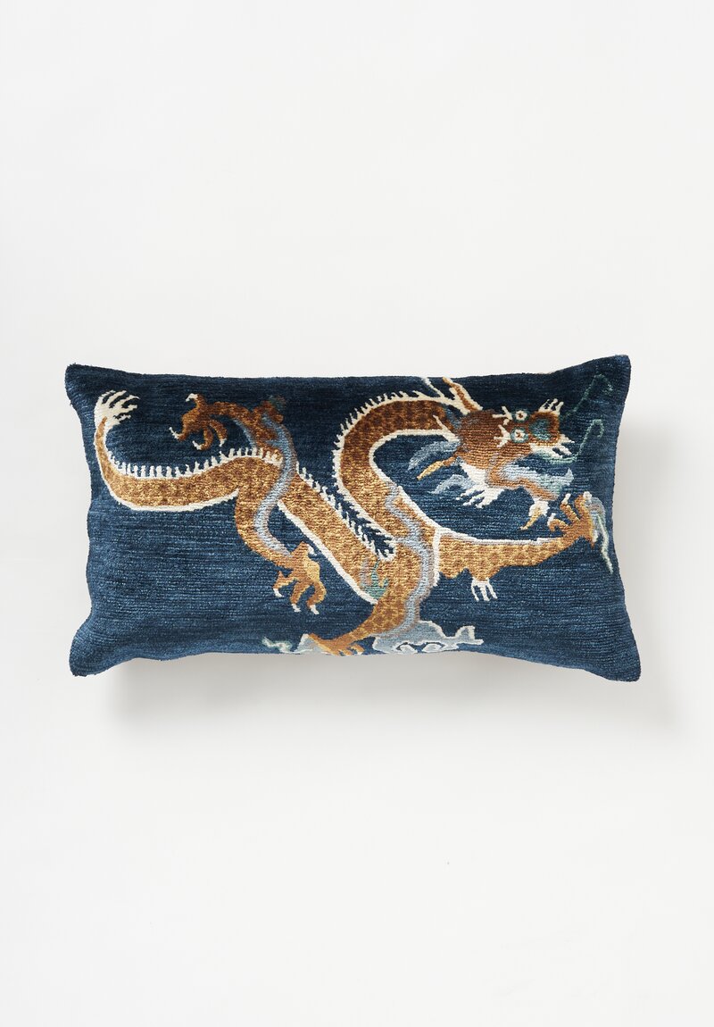 Tibet Home Bamboo Silk/ Cotton Hand Knotted & Woven Lumbar Pillow Blue Dragon R2	