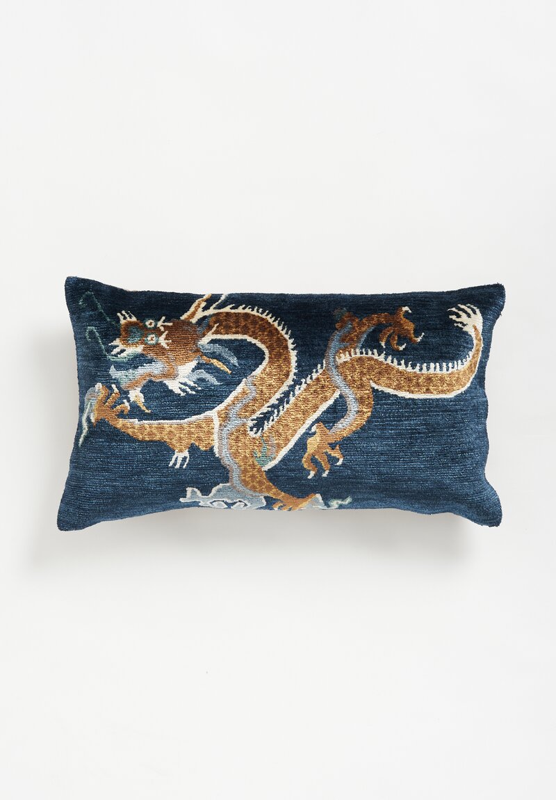 Tibet Home Bamboo Silk/ Cotton Hand Knotted & Woven Lumbar Pillow Blue Dragon L2	