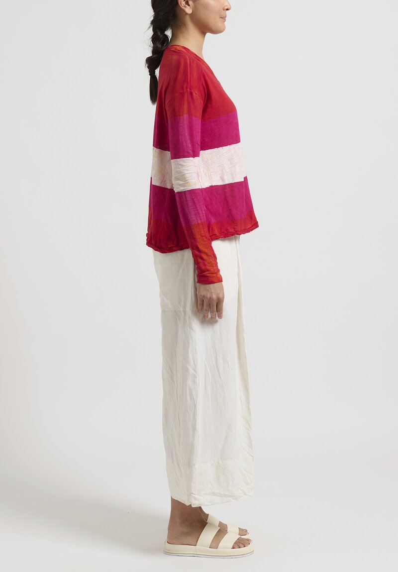 Gilda Midani Striped Long Sleeve V-Neck Trapeze Tee in Pink, Tangerine & White	
