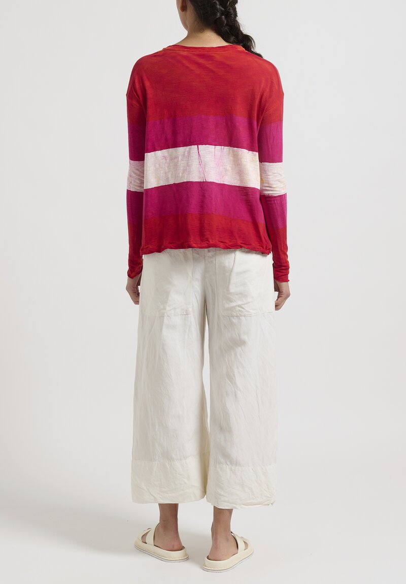 Gilda Midani Striped Long Sleeve V-Neck Trapeze Tee in Pink, Tangerine & White	