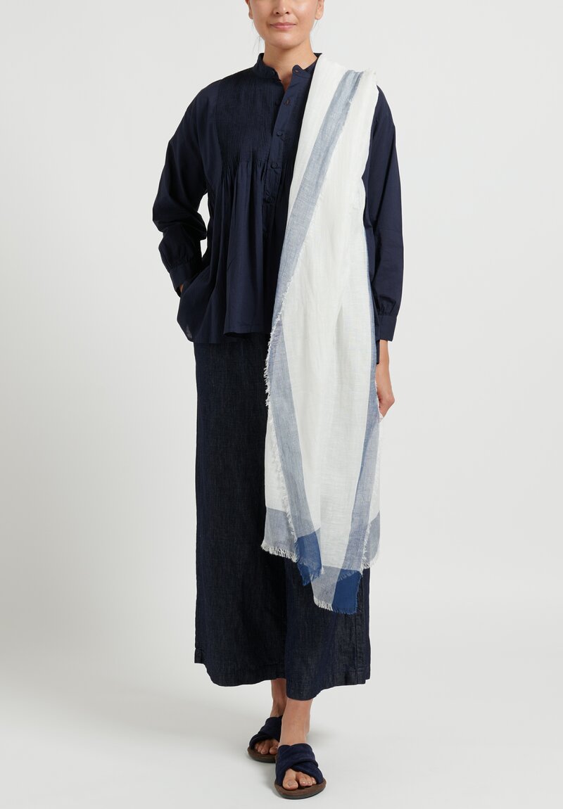 Maison de Soil Linen Fringed Scarf in White and Blue	