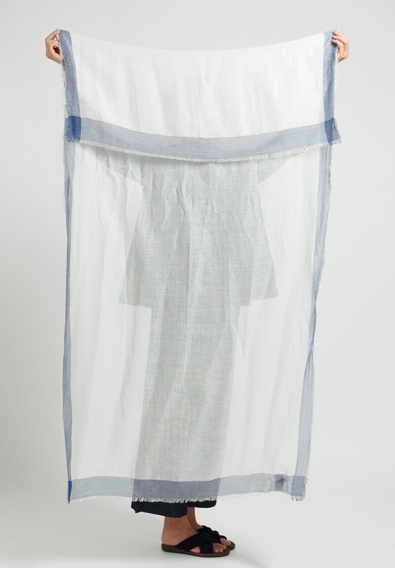 Maison de Soil Linen Fringed Scarf in White and Blue	