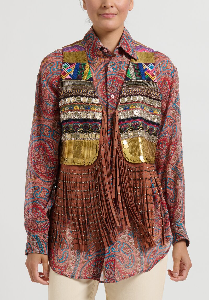 Etro Embroidered Leather Vest in Brown	