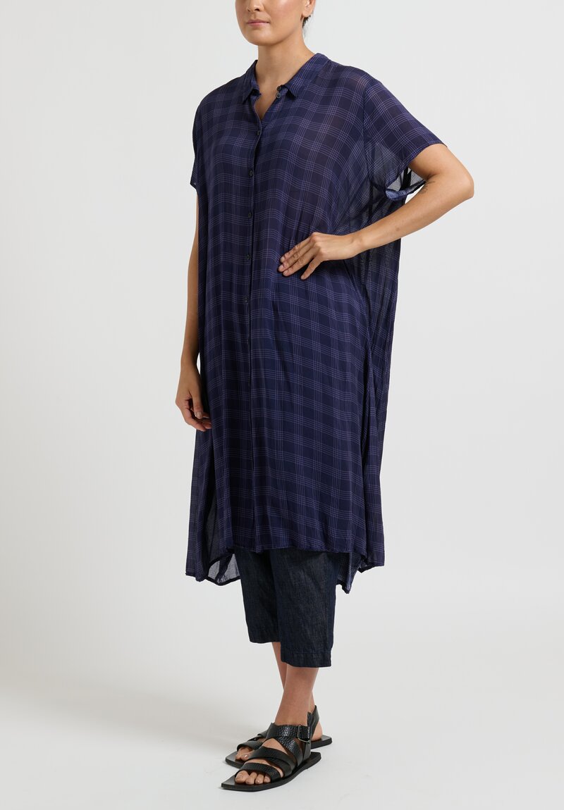 Rundholz Button Up Flared Dress in Quetsche Blue Check	