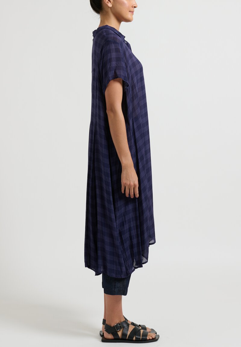 Rundholz Button Up Flared Dress in Quetsche Blue Check	