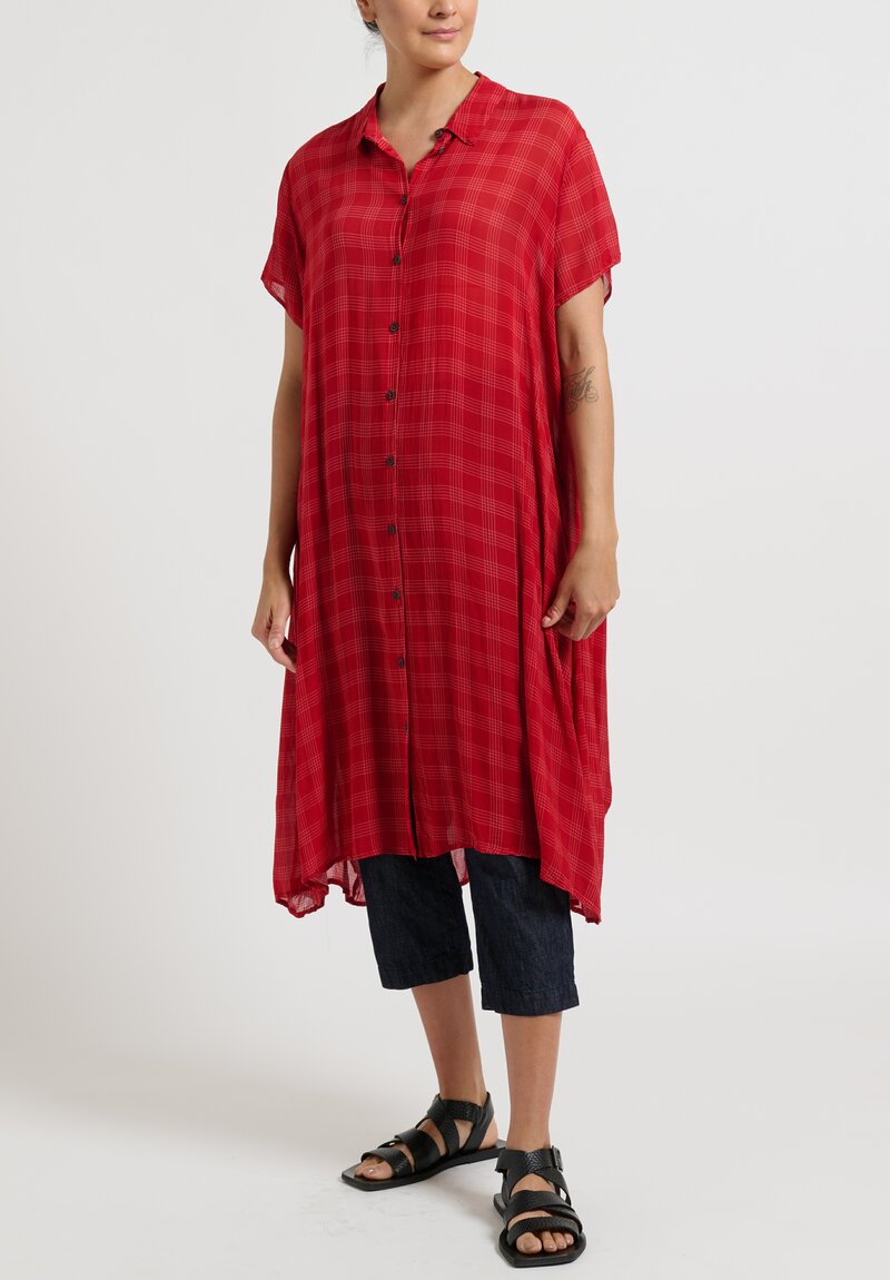 Rundholz Button Up Flared Dress in Fraise Red Check	