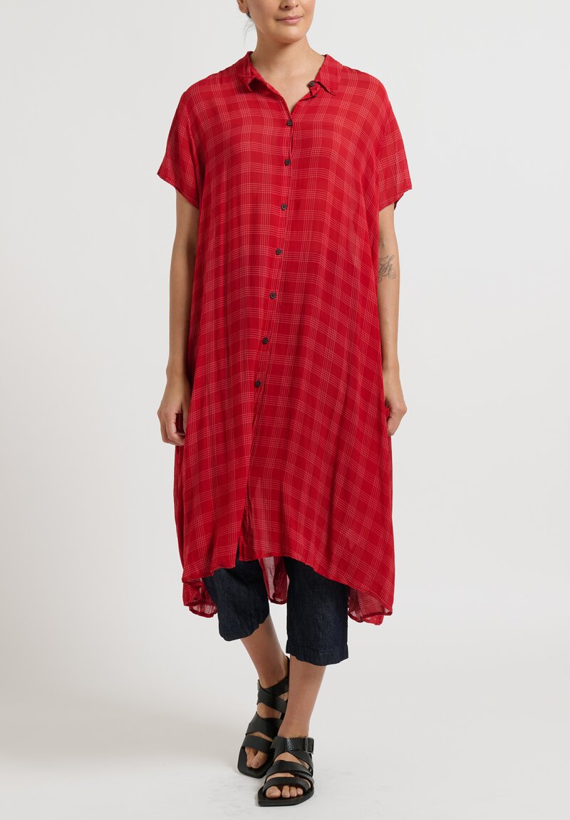 Rundholz Button Up Flared Dress in Fraise Red Check	