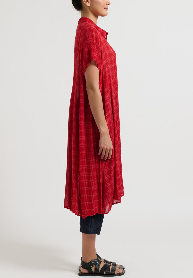 Rundholz Button Up Flared Dress in Fraise Red Check	