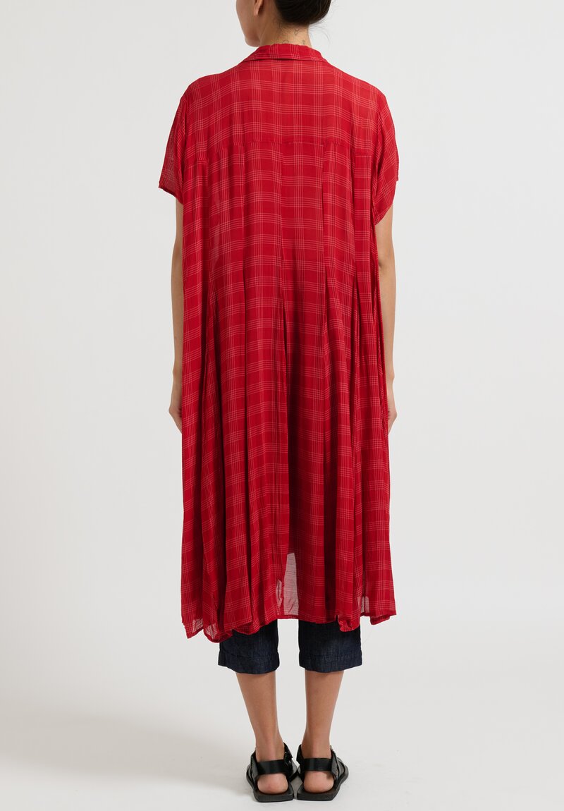 Rundholz Button Up Flared Dress in Fraise Red Check	