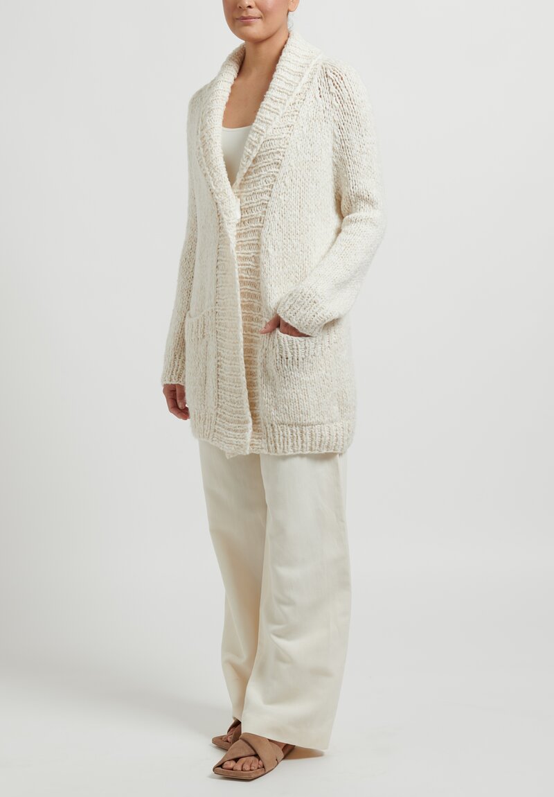 Wommelsdorff Hand Knit Ava Cashmere Silk Cardigan in Milk & Oatmeal White	