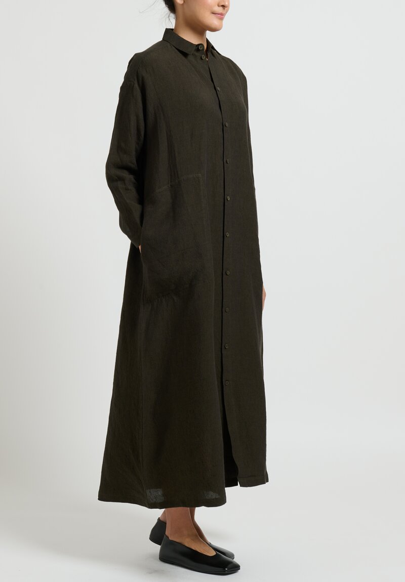 toogood Laundered Linen ''Draughtsman'' Dress in Moss Green	