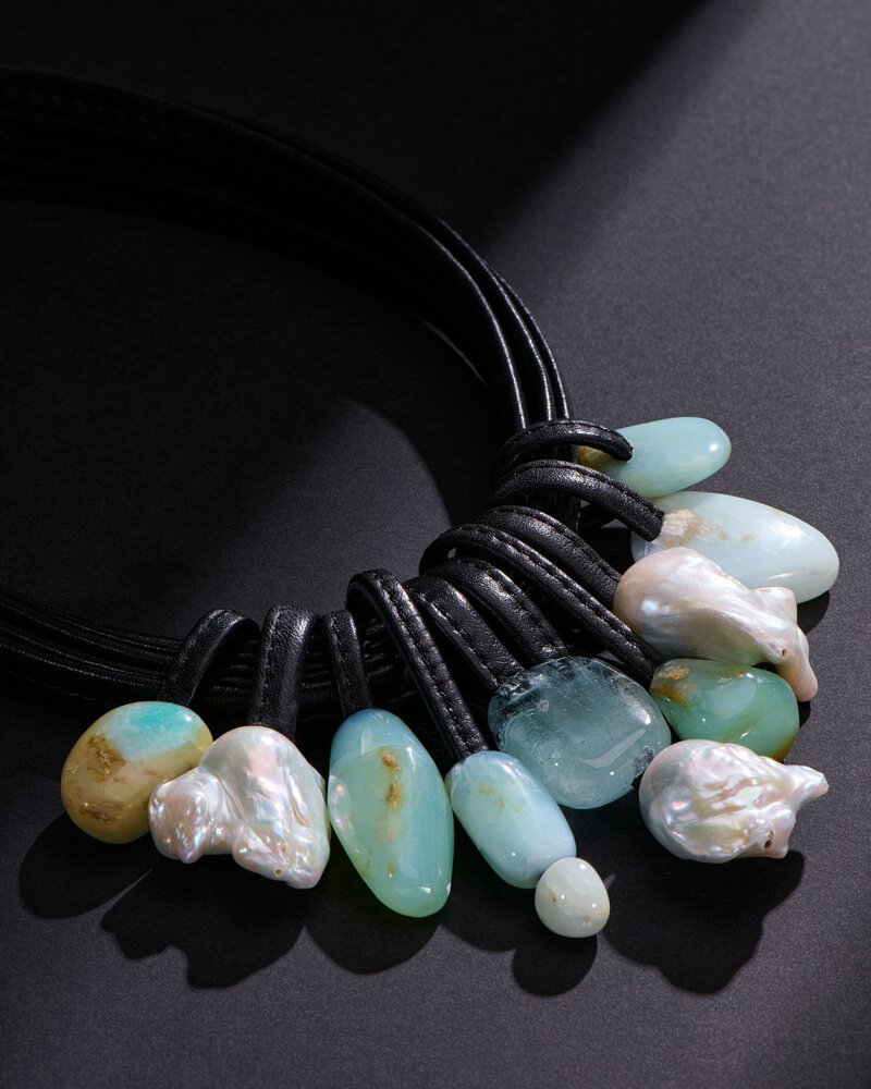 Monies Andean Opal, Baroque Pearl & Aquamarine Leather Necklace	