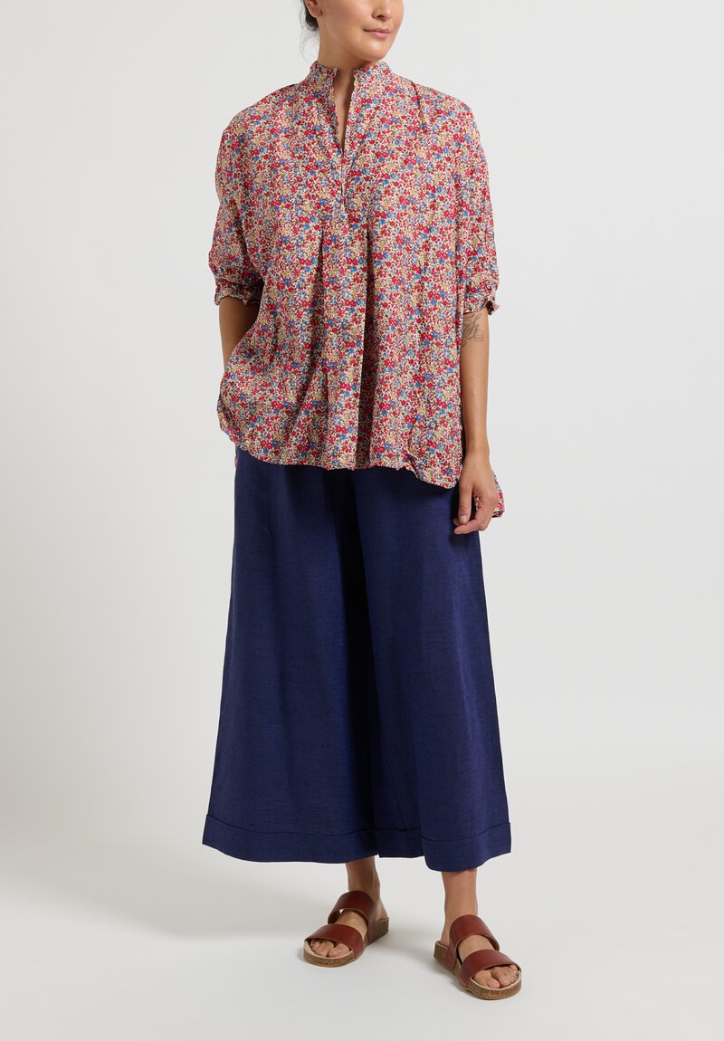 Daniela Gregis Washed Cotton Liberty Print Kora Top in Blue & Red Roses	