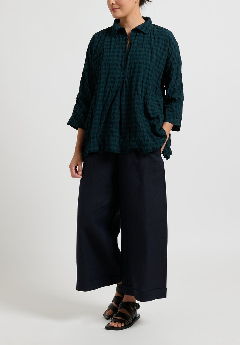 Daniela Gregis Washed Cotton Checkered Top in Overdyed Green	