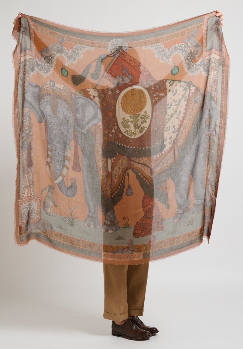 Sabina Savage Cashmere ''The Rabbits and the Elephant'' Scarf in Plaster/Jade	