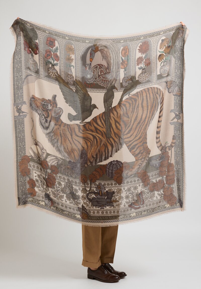 Sabina Savage Cashmere ''The Tiger Trap'' Scarf in Porcelain/Moss	